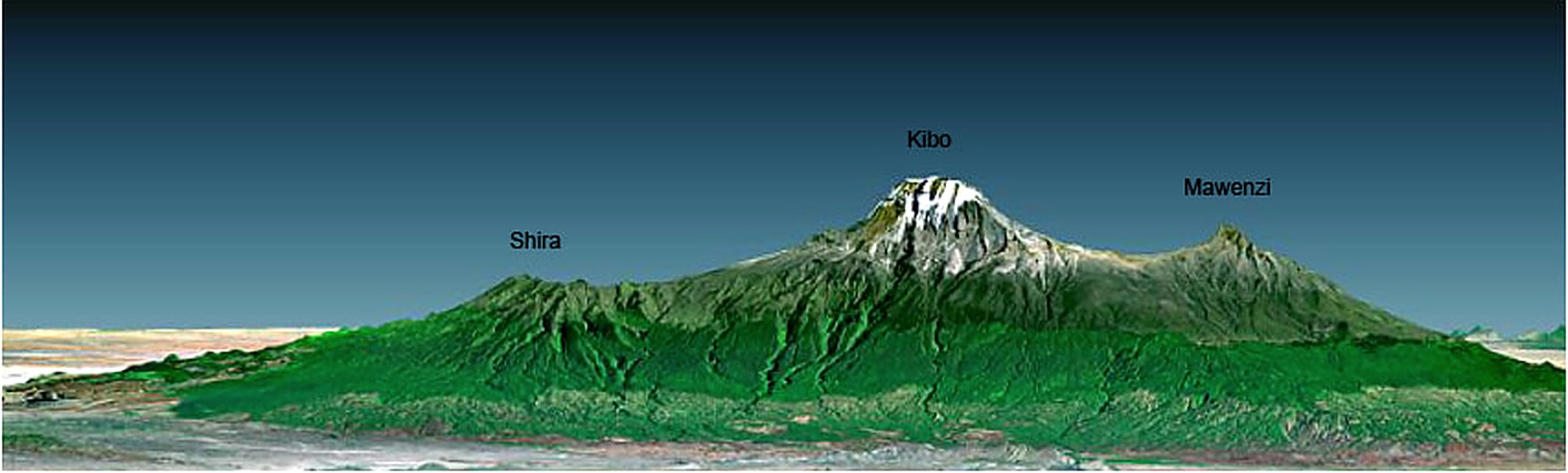 Kilimanjaro seen from the south, showing Shira, Kibo and Mawenzi